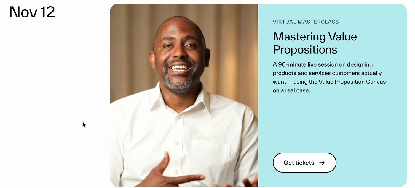 Event listing from the Claude page: Nov 12 on the left, then a card split into a photo half and an aqua half with Virtual masterclass, Mastering Value Propositions, a short description and a Get tickets button.
