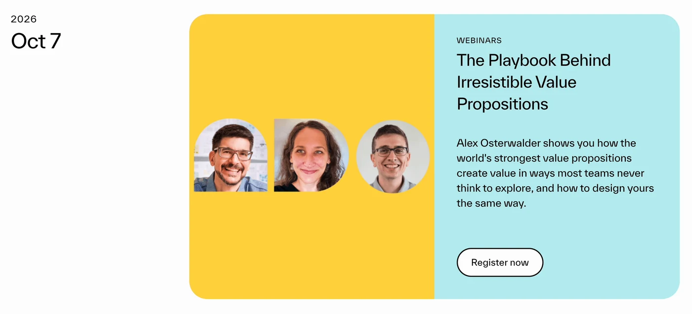 Event listing from the Webflow page: Oct 7 on the left, then a card split into a yellow half with three speaker photos and an aqua half with Webinars, The Playbook Behind Irresistible Value Propositions, a short description and a Register now button.