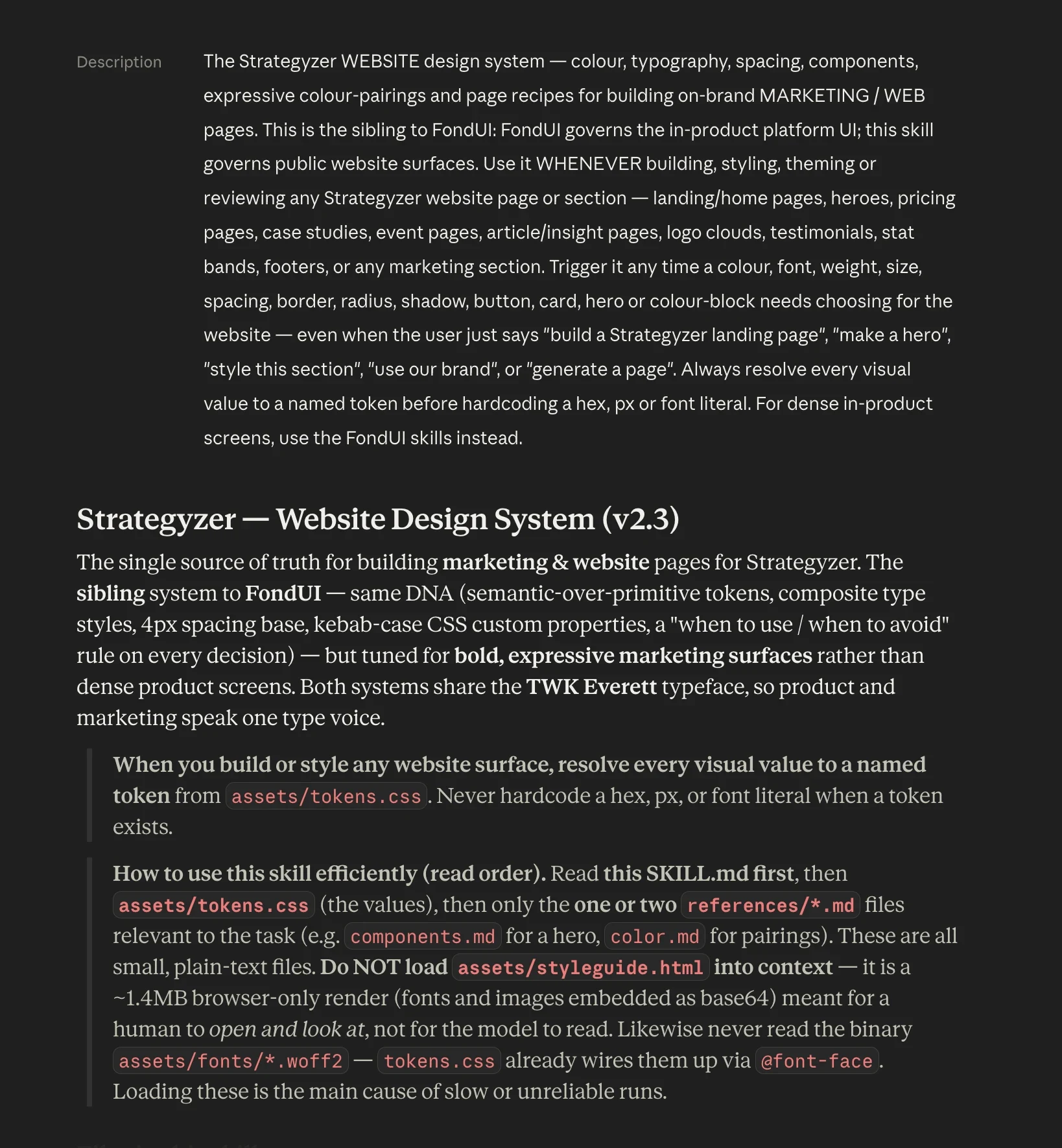 The website design system skill, v2.3. Its description says it governs all marketing and web pages, and its first rules tell Claude to resolve every visual value to a named token and to read the files in a set order.