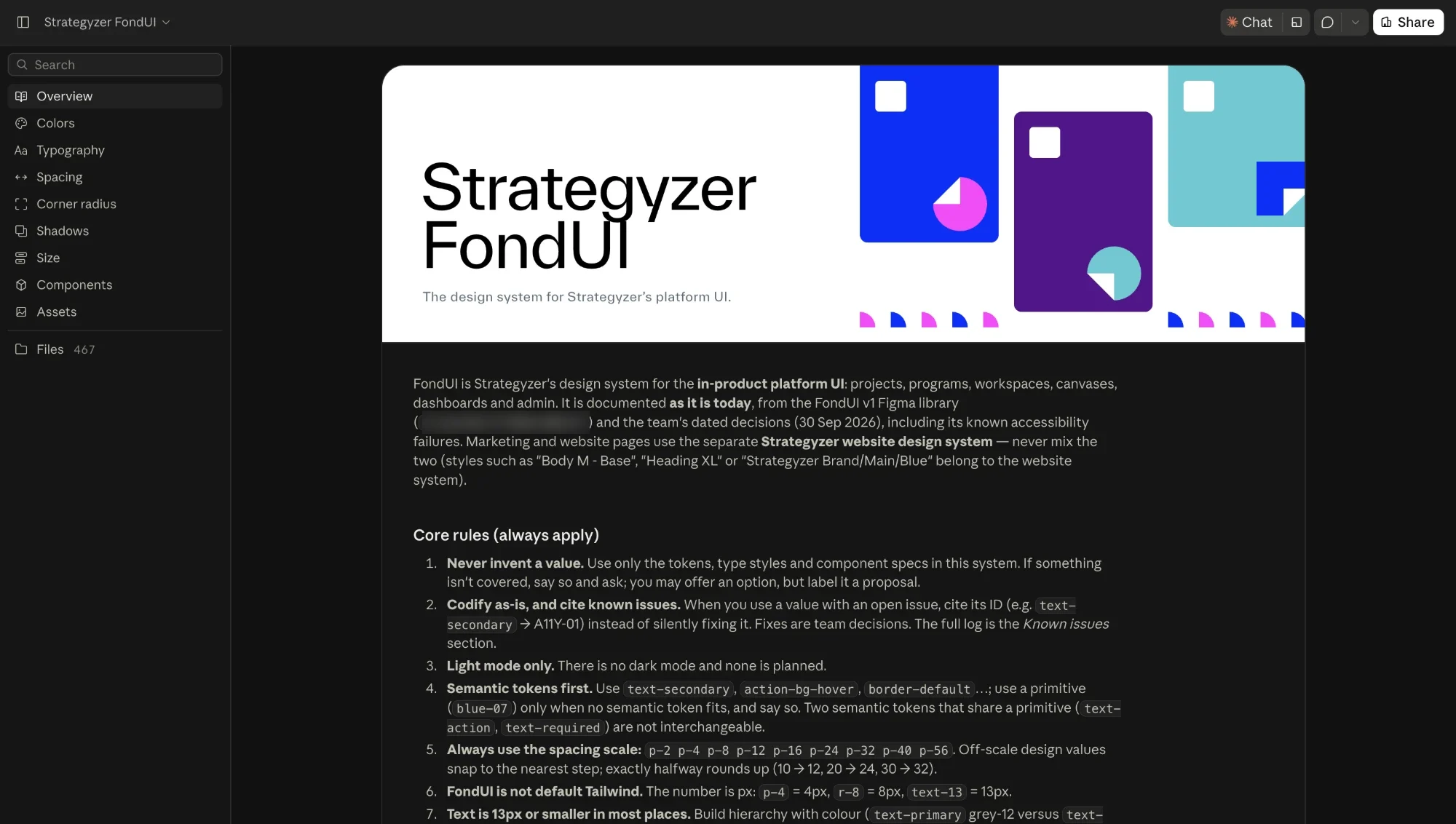 The FondUI skill overview: the title Strategyzer FondUI, the design system for Strategyzer’s platform UI, a sidebar of sections from Colors to Assets, and the first of its core rules.