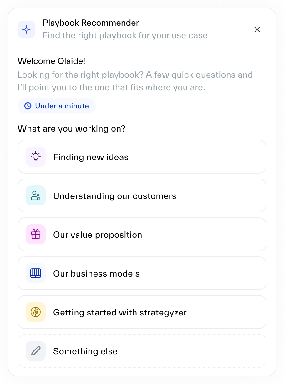 The shipped Playbook Recommender: a small panel titled Find the right playbook for your use case, a short welcome, an Under a minute tag, and the same question with six options. No progress bar or step count.