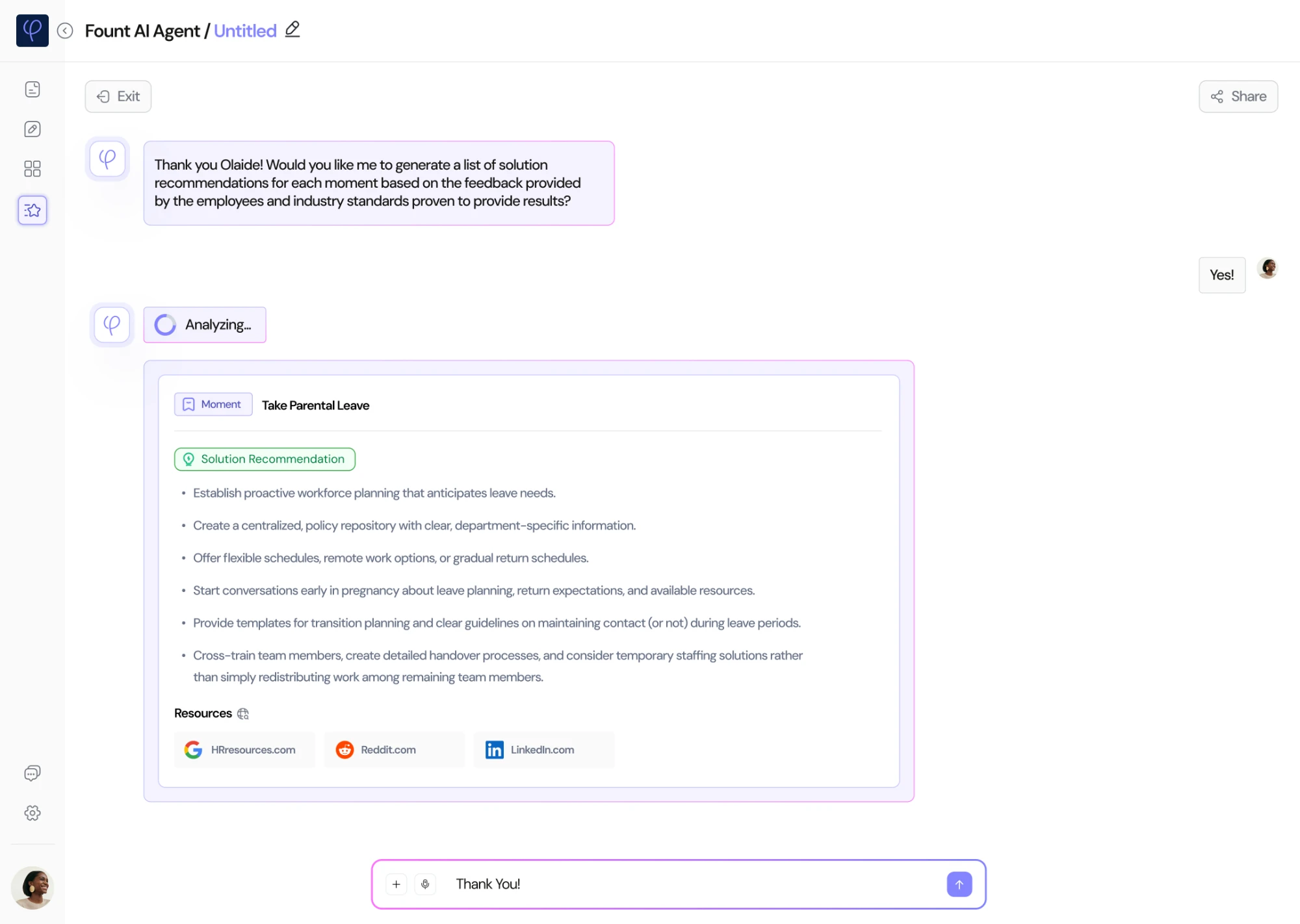 Fount AI asks: would you like me to generate a list of solution recommendations for each moment, based on employee feedback and proven industry practice? The user says yes. After an Analyzing state, six recommendations for Take parental leave, followed by Resources linking to HR resources, Reddit and LinkedIn.