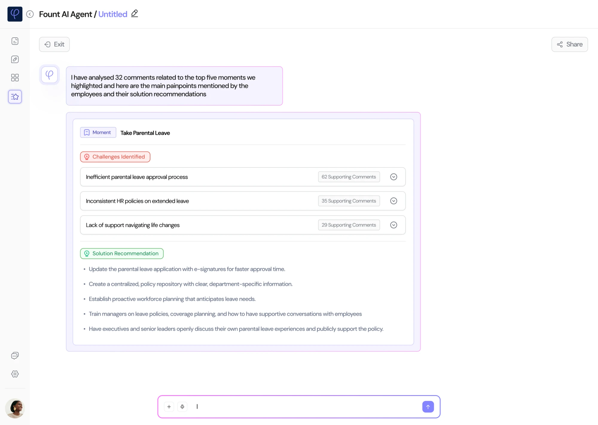 Fount AI: I have analysed 32 comments related to the top five moments. For the moment Take parental leave, three challenges, each with a count of supporting comments: inefficient approval process, inconsistent policies on extended leave, and lack of support with life changes. Below them, five solution recommendations.