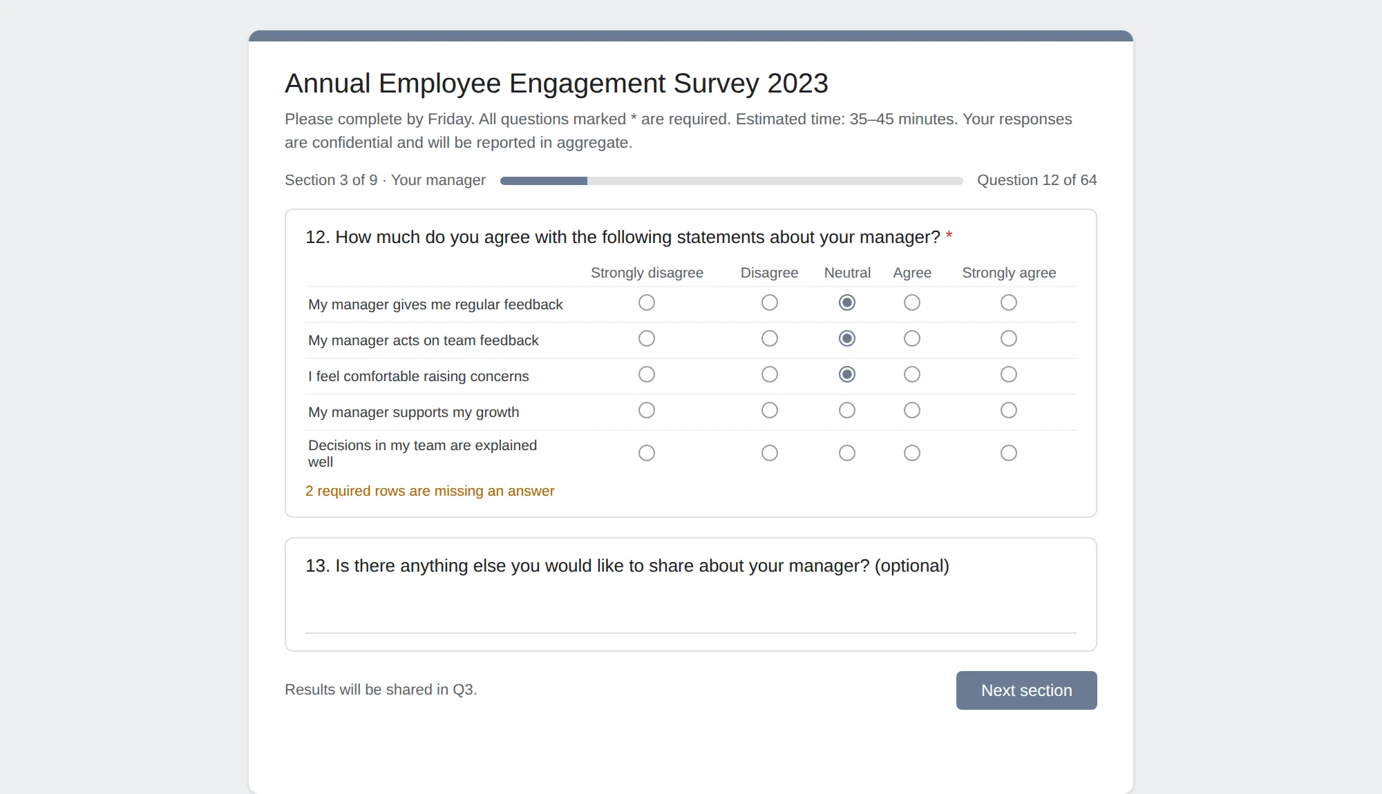 An illustration of a long annual engagement survey: question 12 of 64, section 3 of 9, an estimated 35 to 45 minutes to complete, a grid of agree or disagree statements about the manager, and a note that results will be shared in Q3.