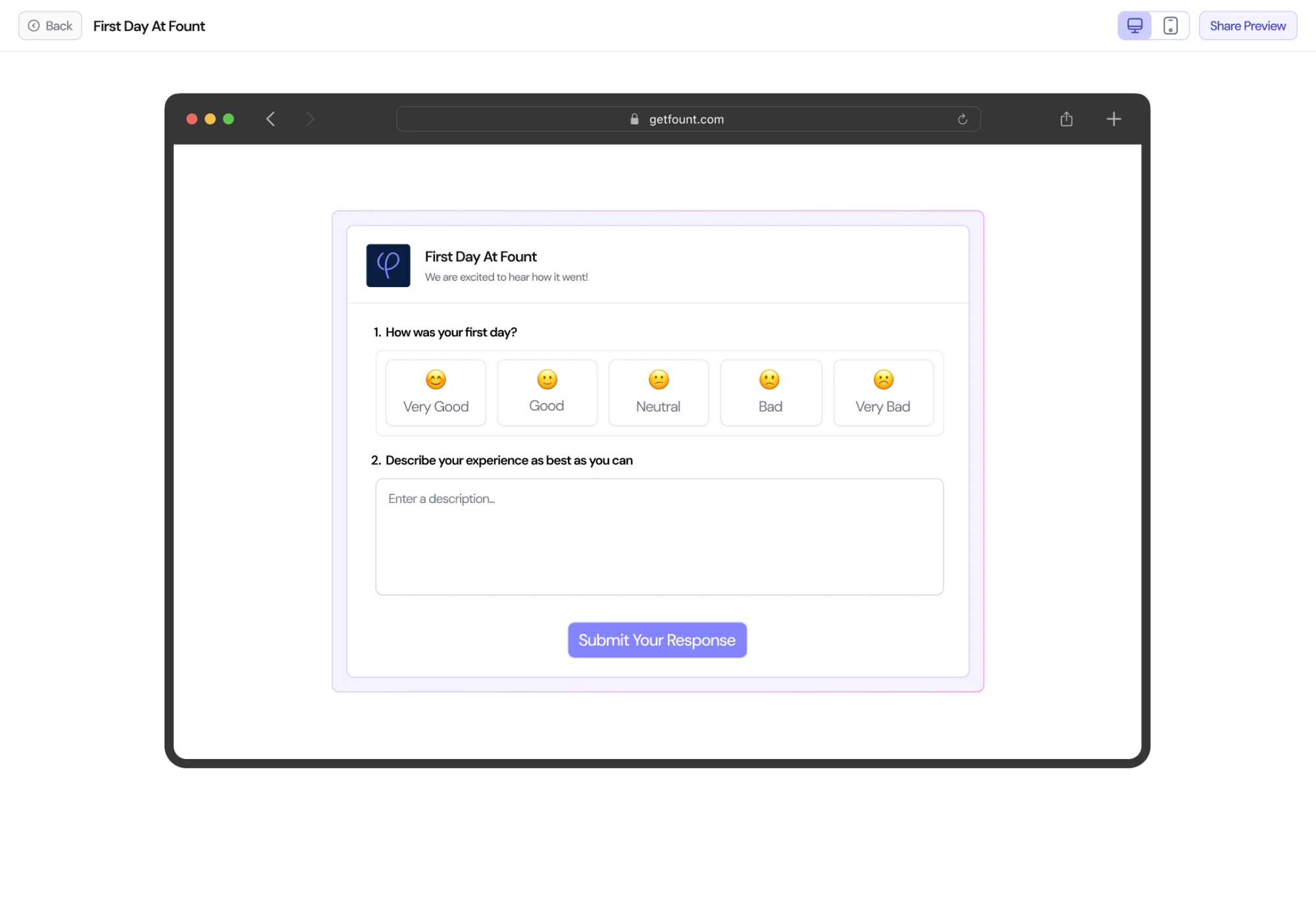 The same survey preview in a desktop browser at getfount.com, with the five-point mood scale in one row, a text box and a Submit your response button.