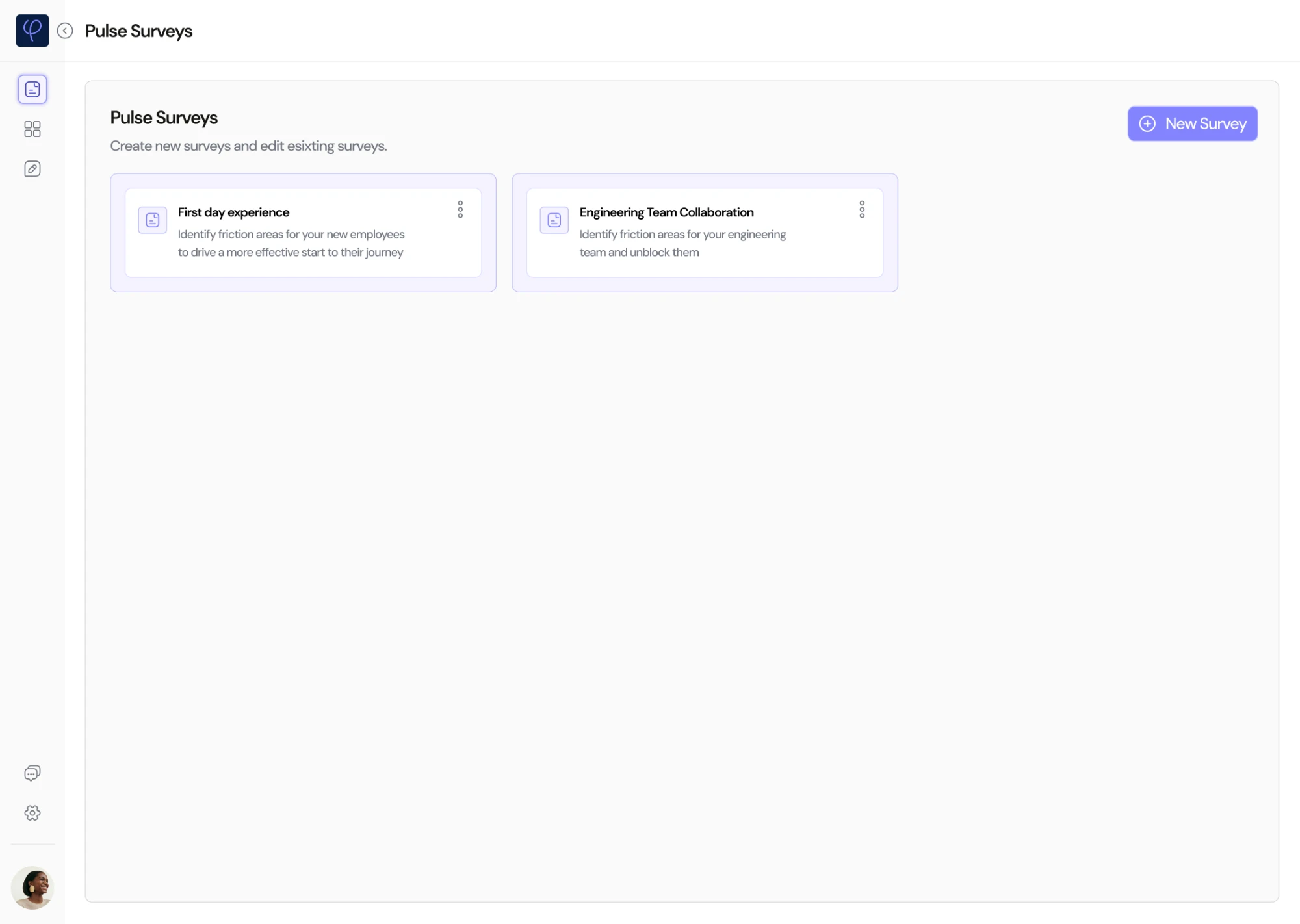 Pulse surveys: two survey cards, First day experience and Engineering team collaboration, each with a short description of its purpose and a menu, and a New survey button.