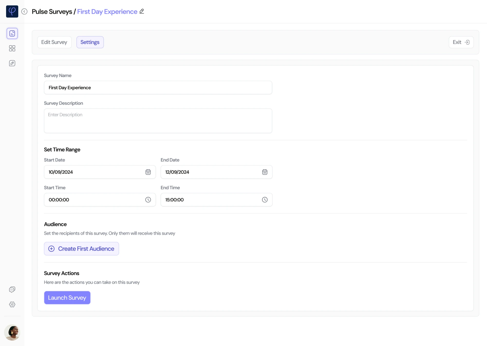 Survey settings: the survey name First Day Experience, a description, a start and end date and time, an Audience section with Create first audience, and a Launch survey button.