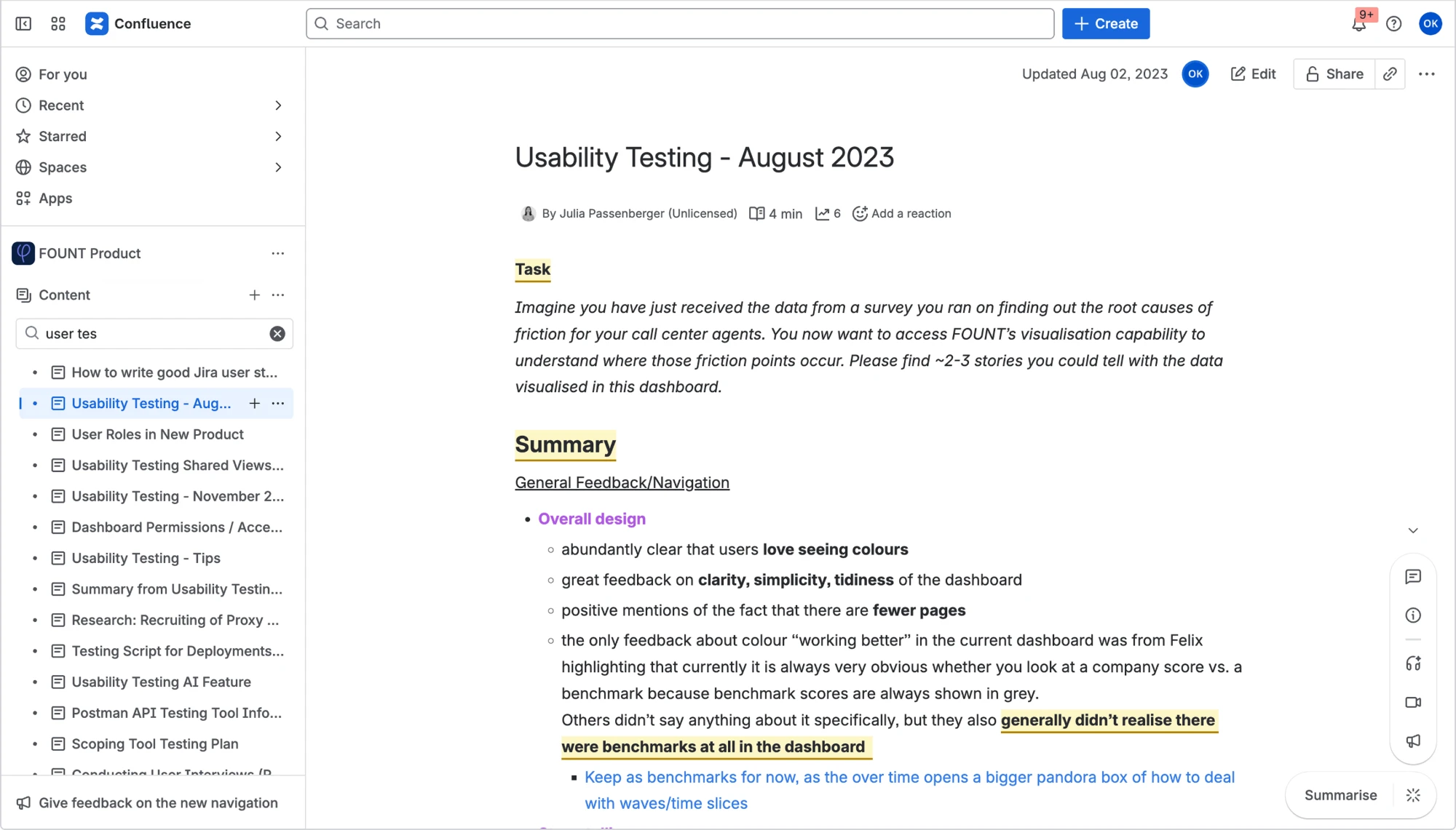 Confluence page, Usability Testing, August 2023. The task: imagine you have survey data on the root causes of friction for call centre agents, and find two or three stories in the dashboard. The summary: users love seeing colours, great feedback on clarity, simplicity and tidiness, fewer pages, most didn’t realise there were benchmarks at all, and a decision to keep benchmarks as they are for now.