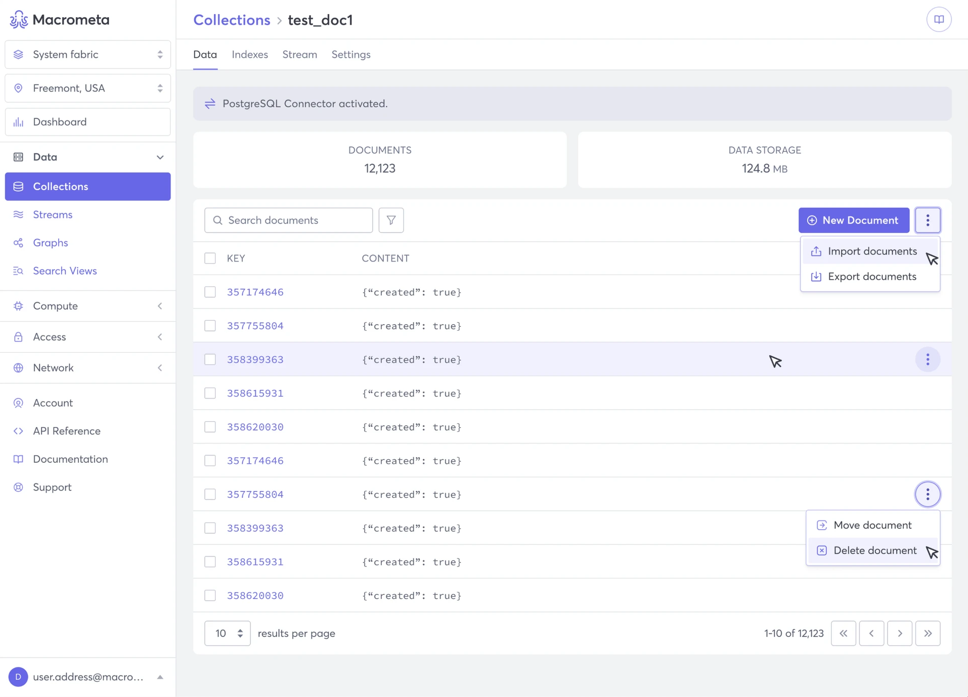A collection called test_doc1: a breadcrumb, tabs for Data, Indexes, Stream and Settings, a connector banner, document and storage counts, a document search, New Document with Import and Export, and a menu on each row to move or delete.
