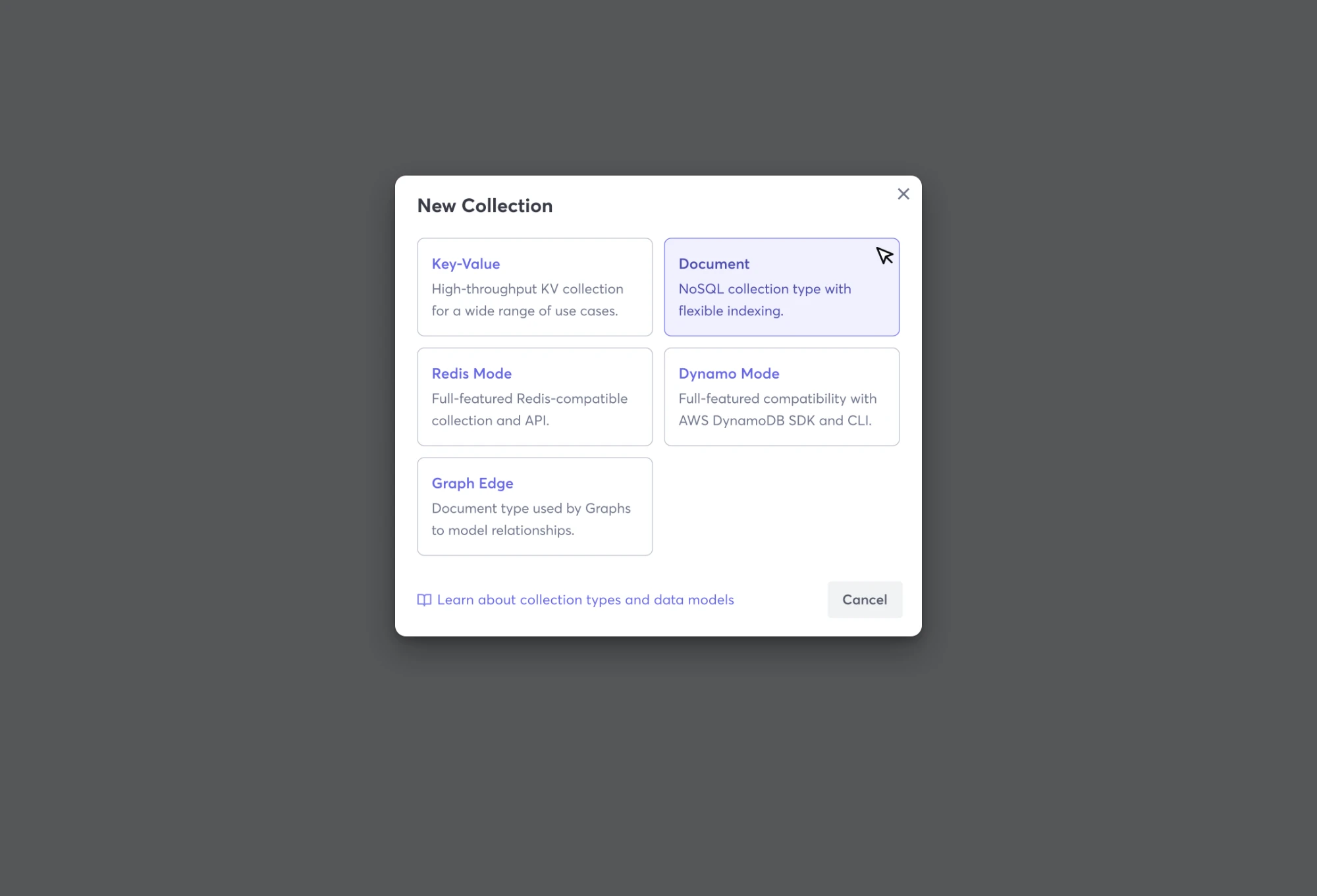 New Collection: five cards, Key-Value, Document, Redis Mode, Dynamo Mode and Graph Edge, each with a one-line description, and a link to learn about collection types.