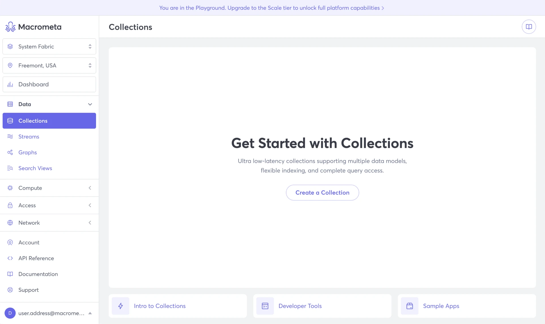 Get Started with Collections: a one-line explanation, a Create a Collection button, and three cards below: Intro to Collections, Developer Tools and Sample Apps.