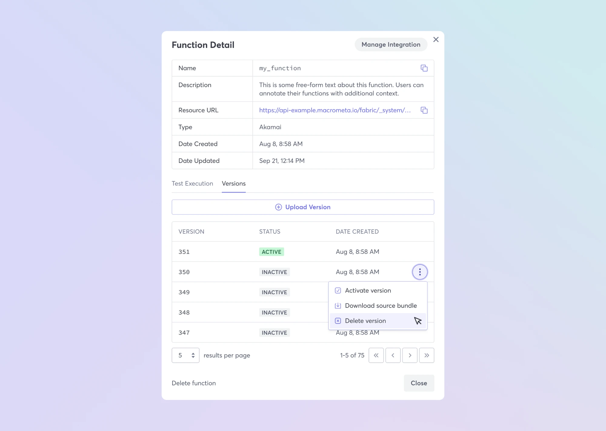 The Function Detail window: name, description, resource URL with copy buttons, type and dates, then Test Execution and Versions tabs, with active and inactive badges and a menu to activate, download or delete a version.