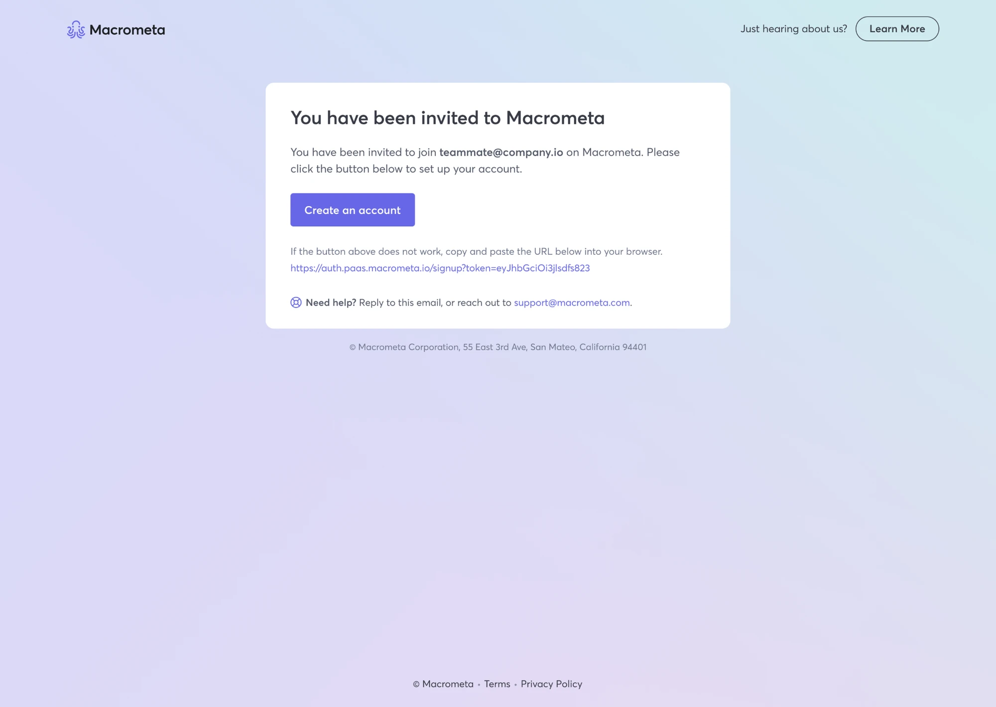 You have been invited to Macrometa: the inviting account, a Create an account button, a fallback link, and a Need help line pointing to support. A Learn More button sits at the top for people new to Macrometa.