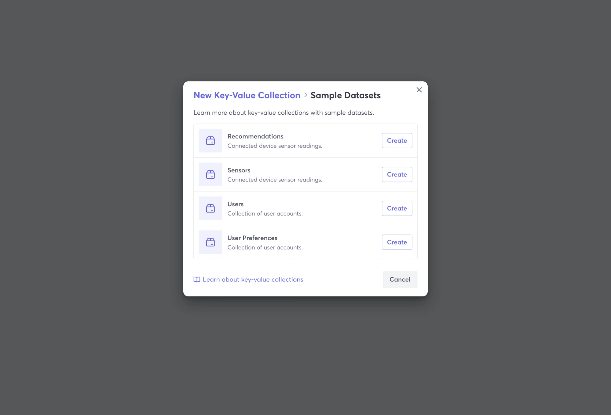 New Key-Value Collection, Sample Datasets: Recommendations, Sensors, Users and User Preferences, each with a Create button.