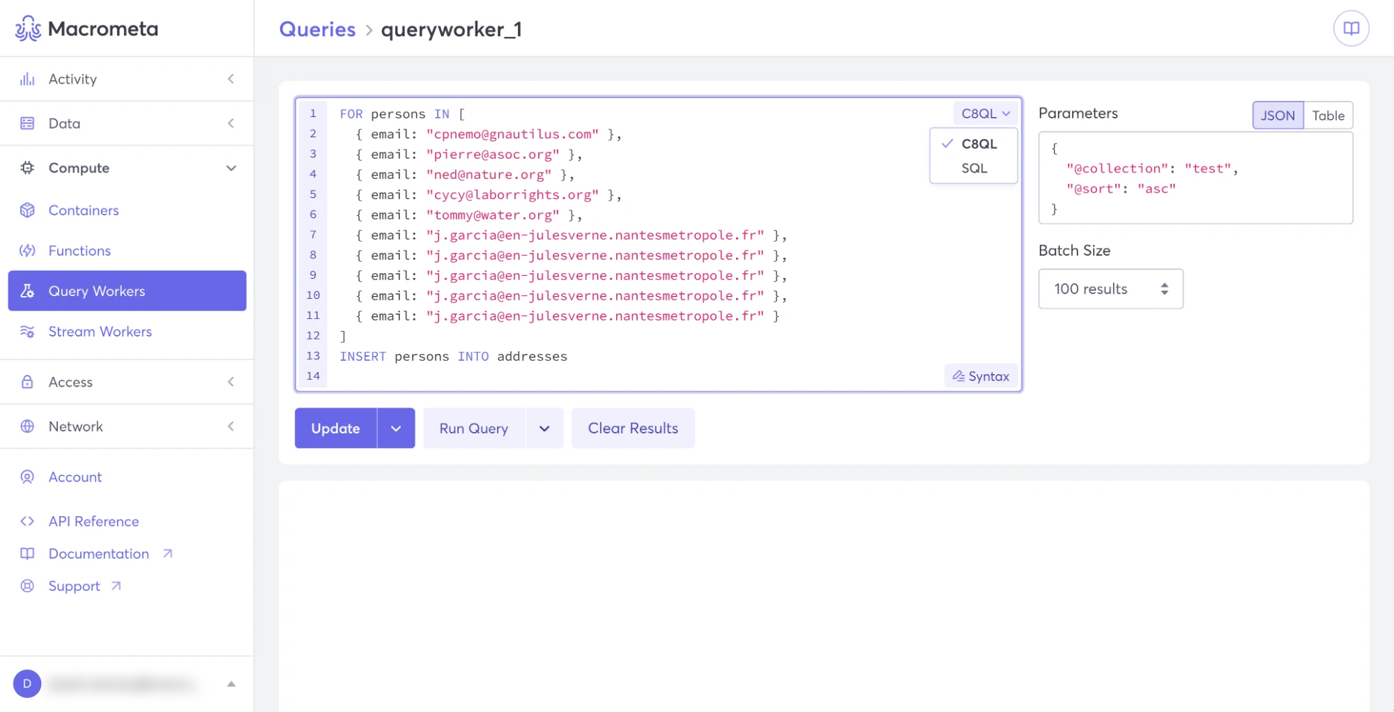 A query editor: code with line numbers and syntax colours, a switch between C8QL and SQL, parameters as JSON or a table, a batch size, and Update, Run Query and Clear Results buttons.