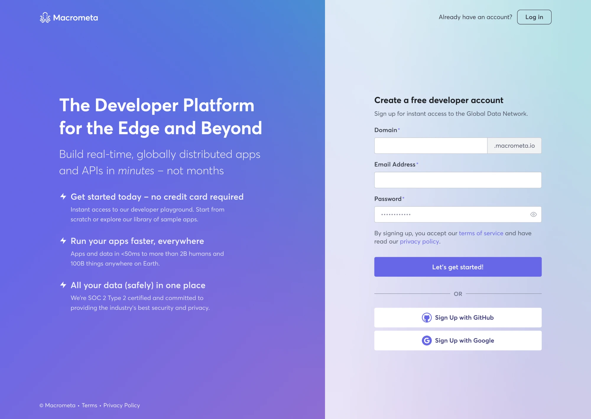 Create a free developer account: on the left, the developer platform for the edge, build apps and APIs in minutes not months, no credit card required, apps everywhere, and SOC 2 security. On the right, domain, email and password, and sign-up with GitHub or Google.