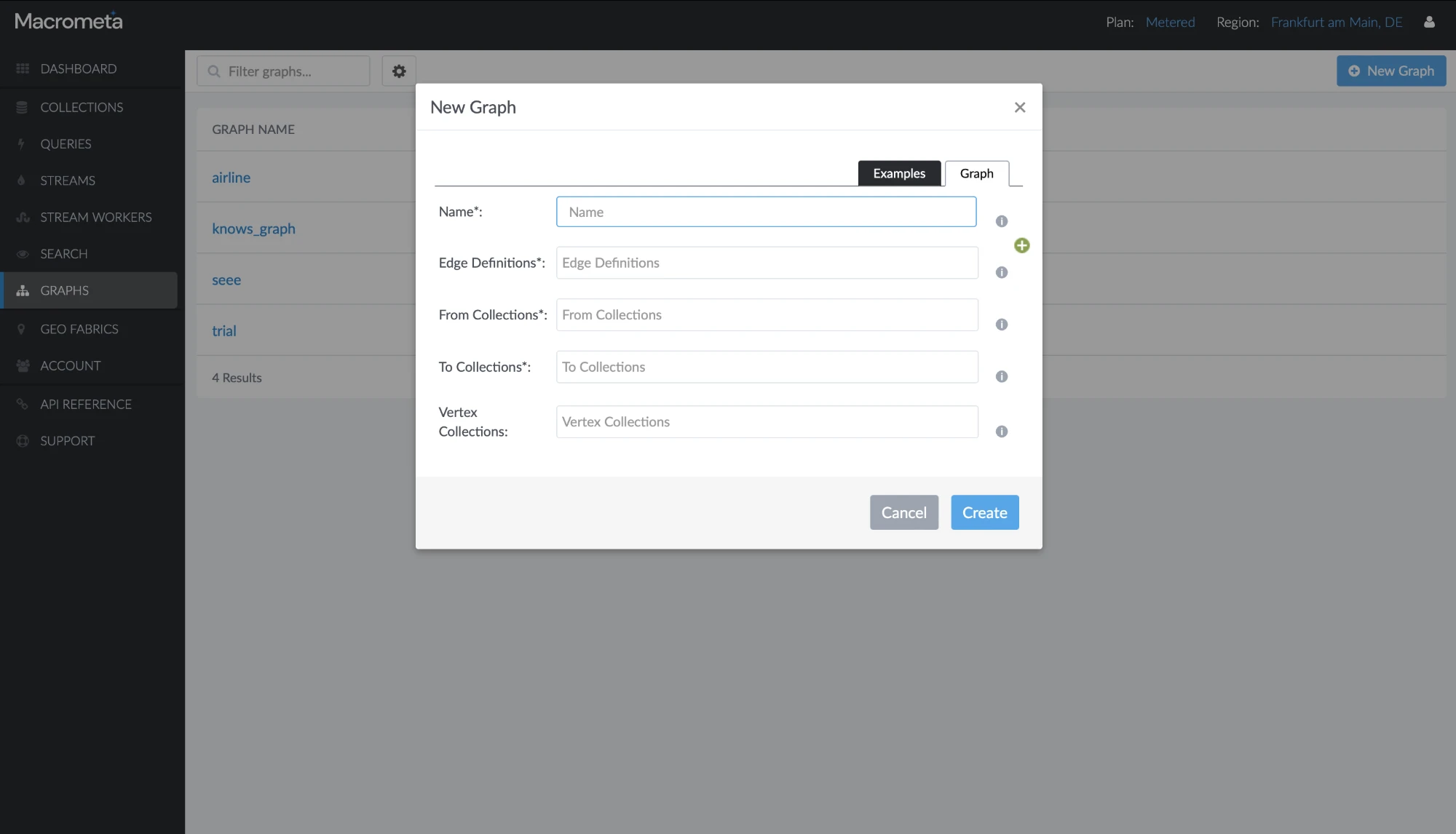 The old New Graph form: required fields for name, edge definitions, from collections, to collections and vertex collections, each with a small info icon, and an Examples tab tucked in the corner.
