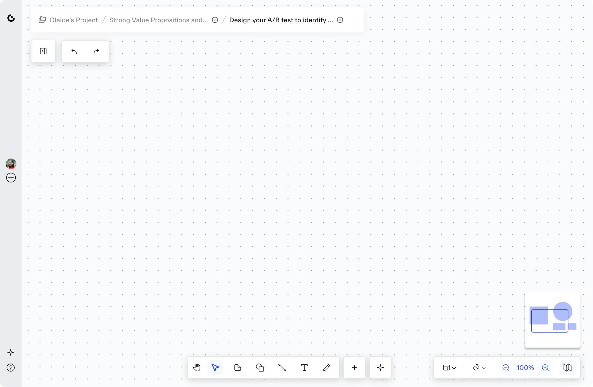 The top of a workspace. A breadcrumb reads Olaide’s Project, then Strong Value Propositions and…, then Design your A/B test to identify…, with a small circled arrow after each of the last two. Undo and redo sit below, over an empty canvas.