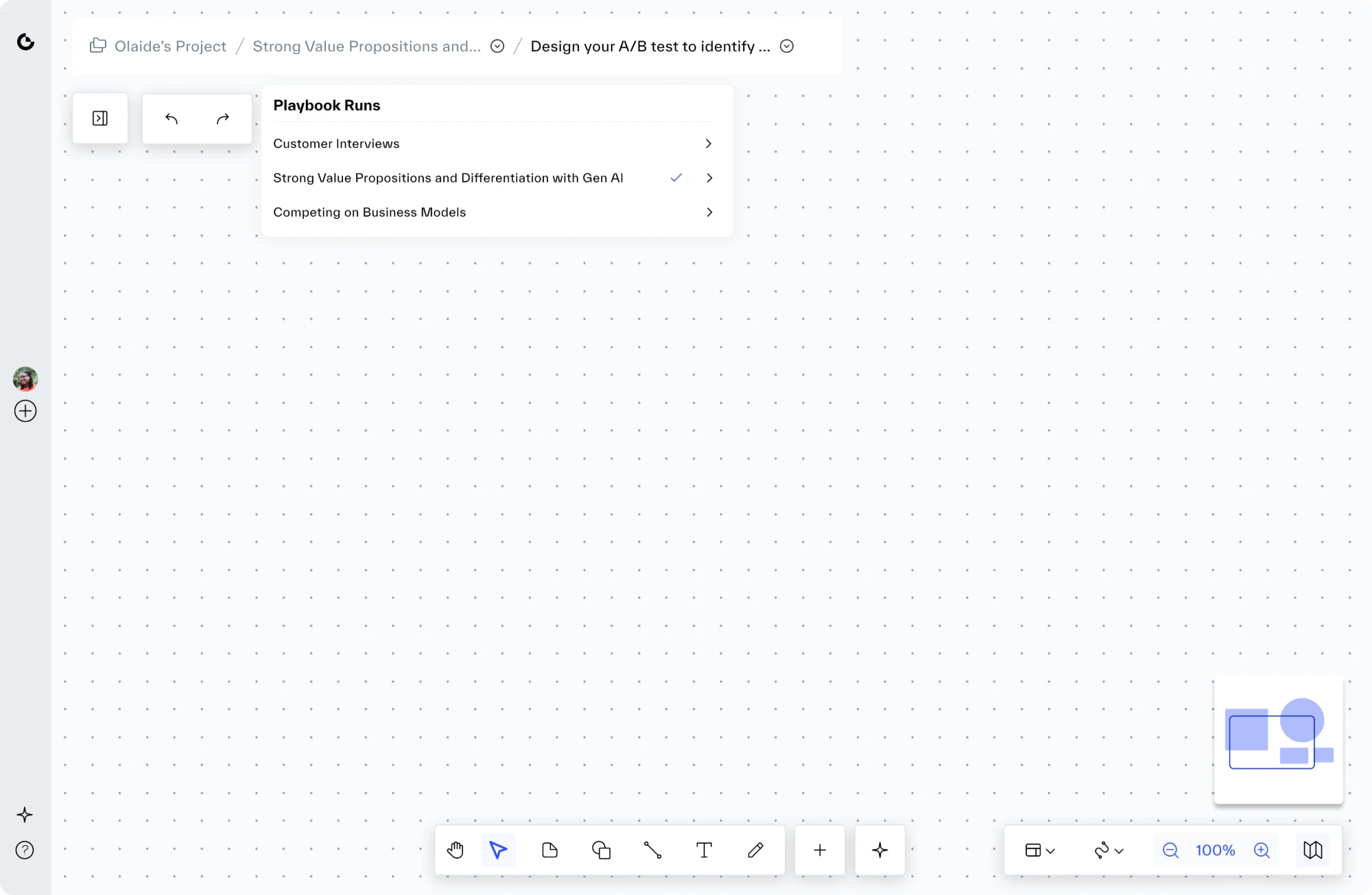 The breadcrumb with the run menu open below it. Under the heading Playbook Runs it lists Customer Interviews, Strong Value Propositions and Differentiation with Gen AI with a tick, and Competing on Business Models, each with an arrow.