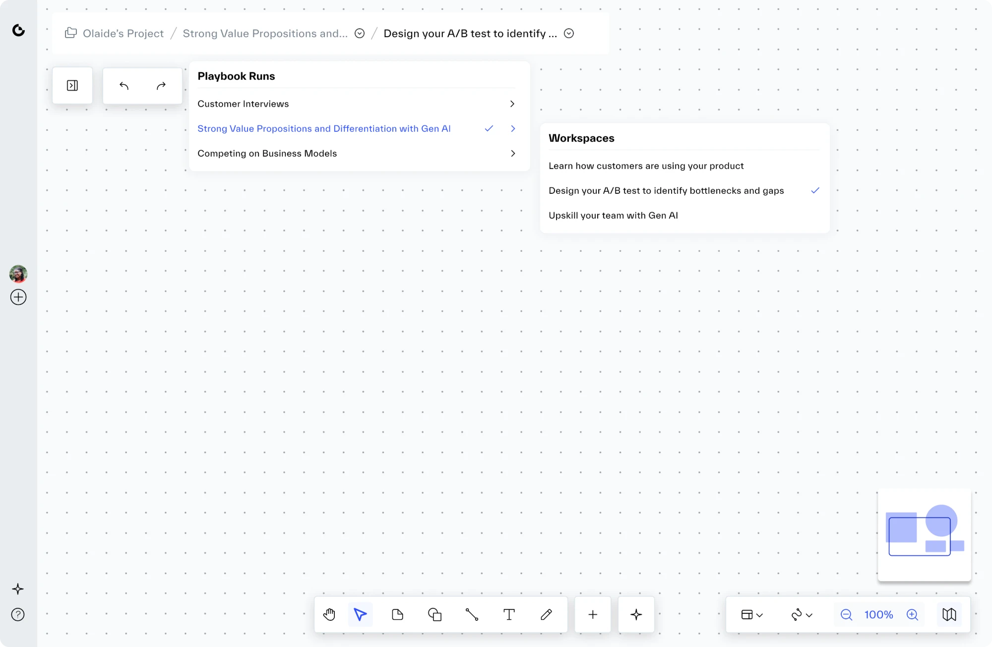 The run menu with Strong Value Propositions and Differentiation with Gen AI highlighted in blue. Beside it, a Workspaces menu lists Learn how customers are using your product, Design your A/B test to identify bottlenecks and gaps with a tick, and Upskill your team with Gen AI.