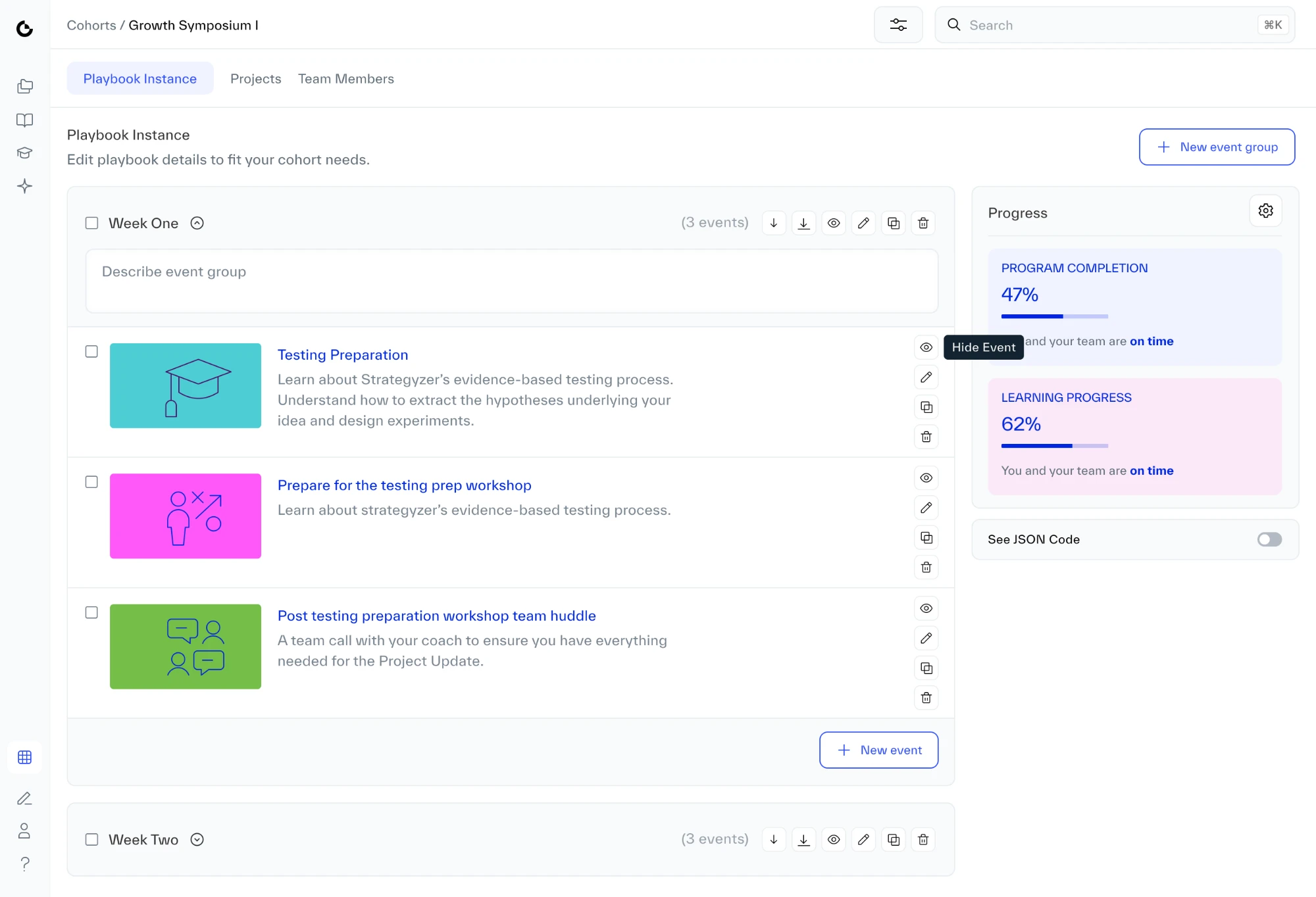 The timeline with the pointer on the eye icon of Testing Preparation. A dark tooltip reads Hide Event. The icon sits with edit, duplicate and delete on the right of the event.