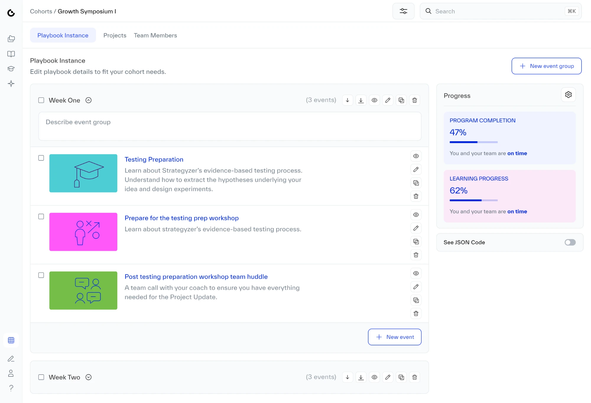 A cohort delivery’s timeline. Week One is open with three events, each with a checkbox on the left and eye, edit, duplicate and delete icons on the right. The Week One header has its own checkbox and eye icon. Week Two sits collapsed below, and a progress panel is on the right.