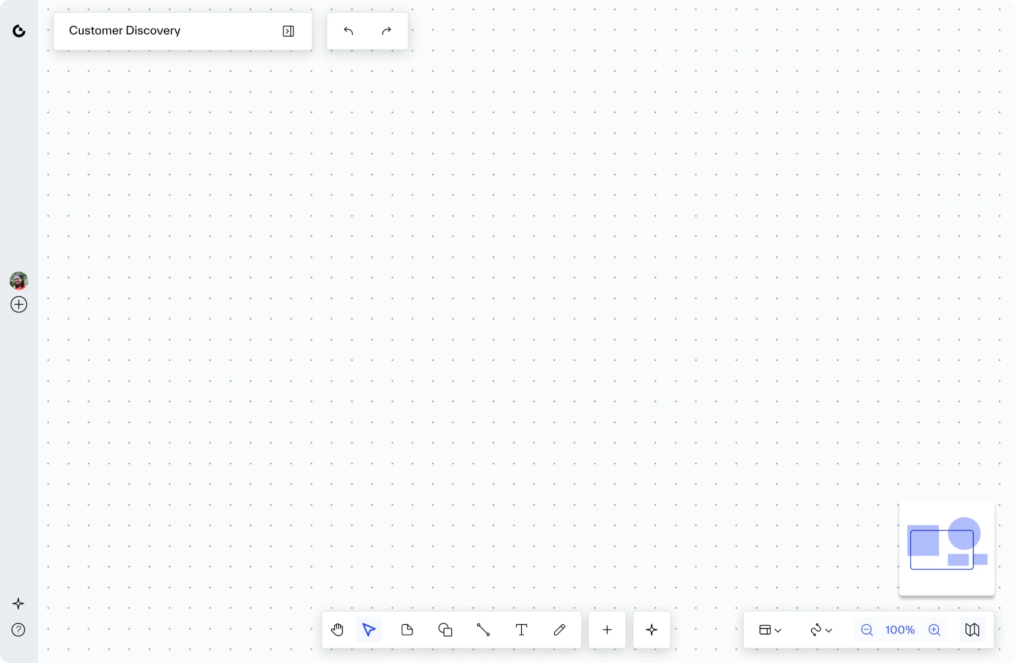The old workspace view. The top left shows only the workspace name, Customer Discovery, next to undo and redo. There is no breadcrumb or menu, just the Strategyzer logo in the side bar and an empty canvas with the drawing tools at the bottom.