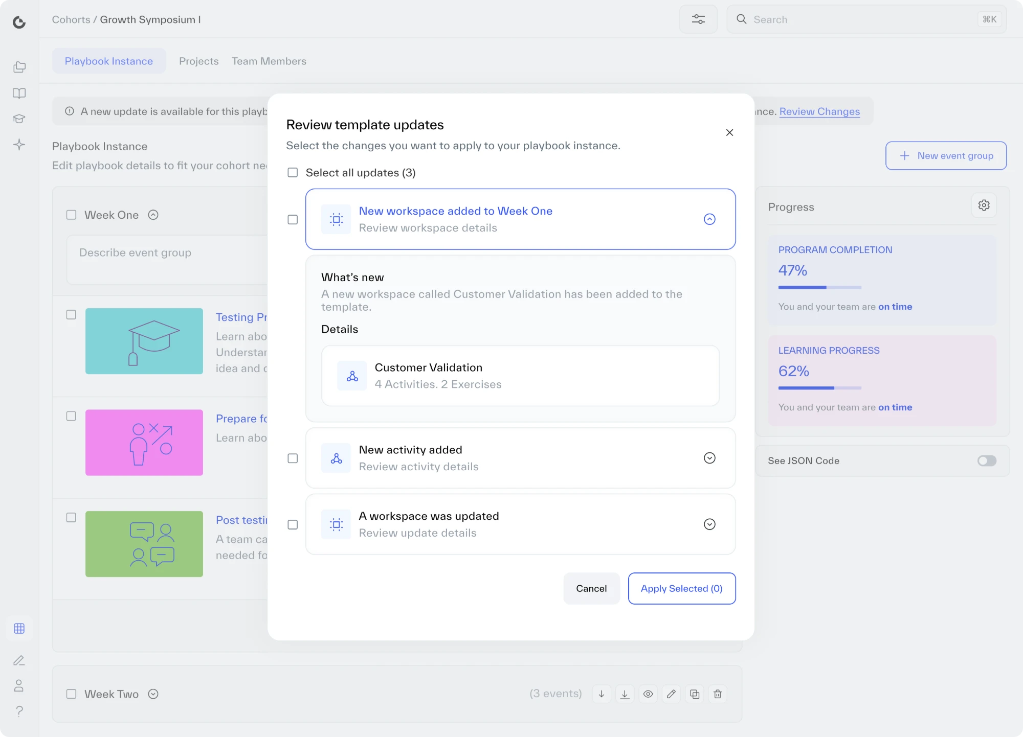 The review panel with the first update expanded. It is highlighted, and below it a What’s new section explains that a new workspace called Customer Validation has been added to the template, with a details card showing 4 activities and 2 exercises.