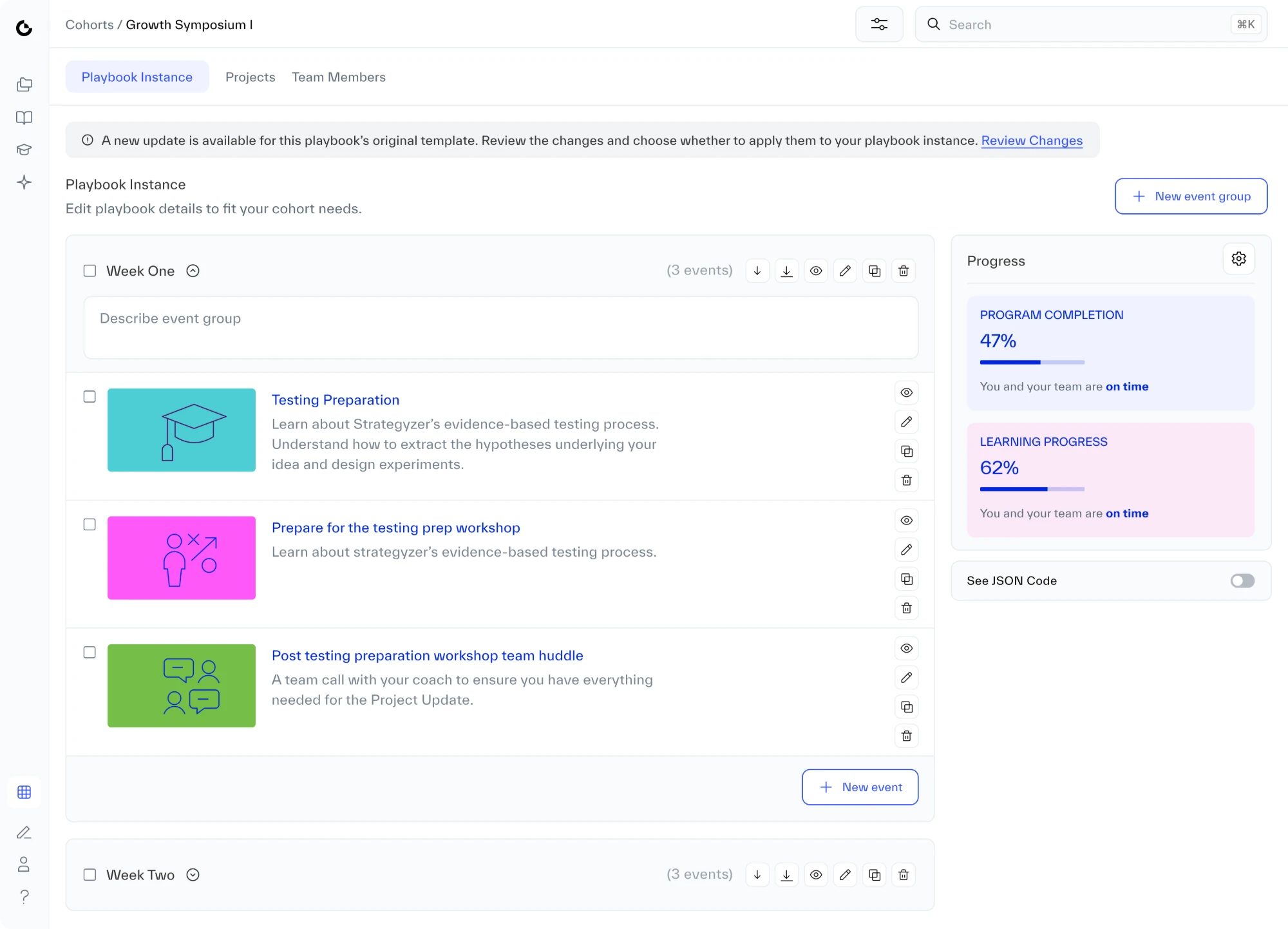 A cohort delivery’s timeline with a banner at the top: a new update is available for this playbook’s original template, with a Review Changes link. The Week One events and the progress panel sit below, unchanged.