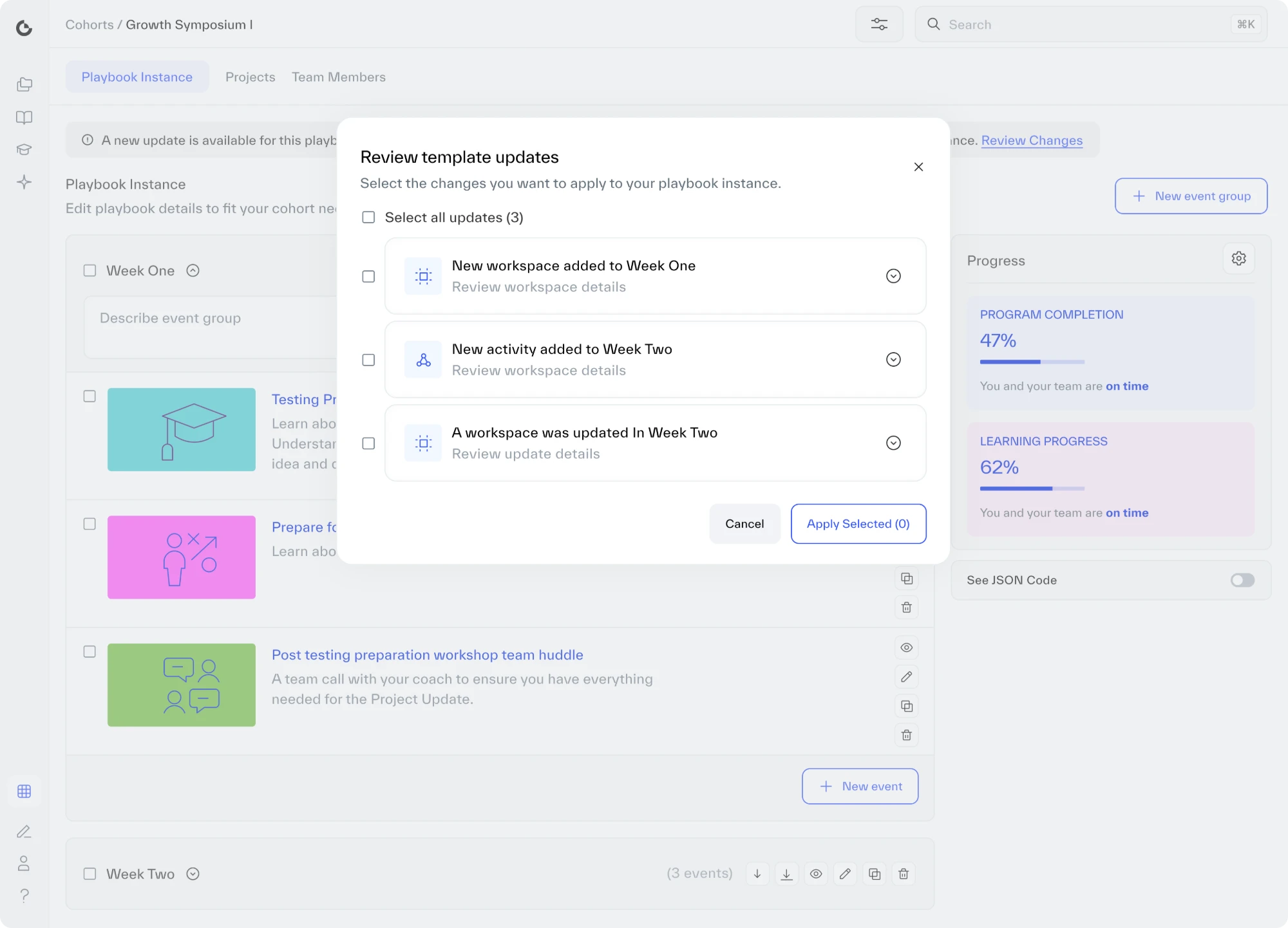 The Review template updates panel over the cohort delivery’s timeline, listing three updates, each with a checkbox: a new workspace added to Week One, a new activity added to Week Two, and a workspace updated in Week Two. Select all updates sits above, and Cancel and Apply Selected (0) below.