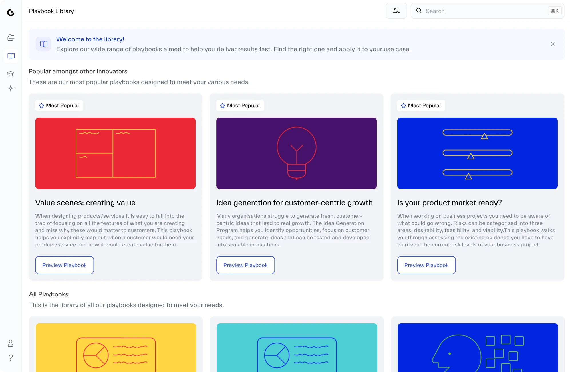 The Playbook Library as a new self-serve user first sees it: a welcome banner, three most popular playbooks with long descriptions, then the full library of playbooks below.