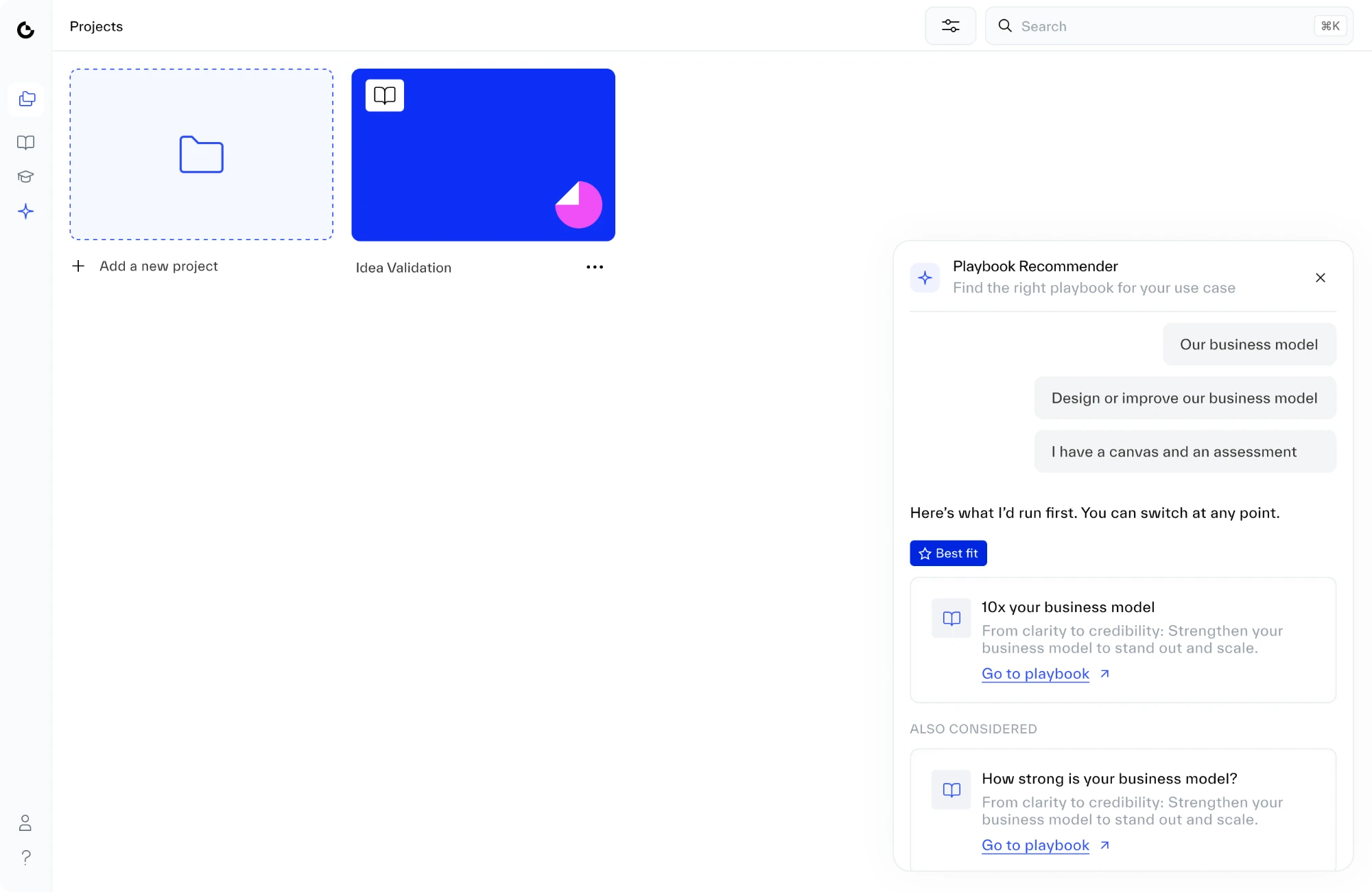 All three answers shown as messages, then Here’s what I’d run first. You can switch at any point. A Best fit card for 10x your business model with a Go to playbook link, and an Also considered card below.