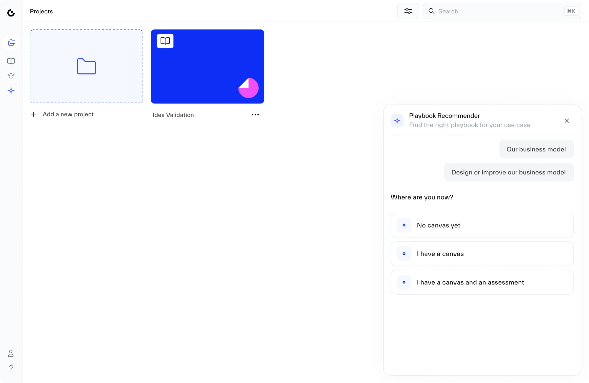 Two answers shown as messages, then question three, Where are you now?, with three options: no canvas yet, I have a canvas, or I have a canvas and an assessment. Empty space sits below in the fixed-height panel.